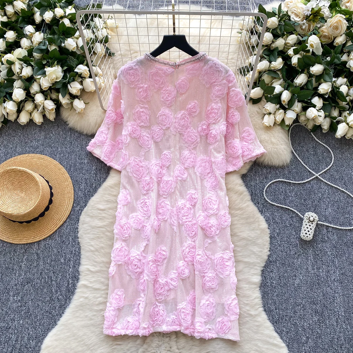 Elegancka sukienka w stylu vintage, trójwymiarowa, z krótkim rękawem, w stylu koreańskim, boho, dla kobiet.