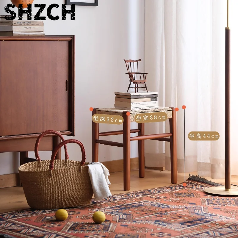 Vintage Cherry Wood Dining Stools Rope Woven Makeup Stools for Home Minimalist Hallway Ottoman Solid Wood Home Furniture