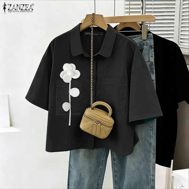 Stylish Summer Shirt 2026 ZANZEA Women Flower Blouse Lapel Neck Short Sleeve Tops Casual Work Shirt Holiday Buttons Up Blusas view 5