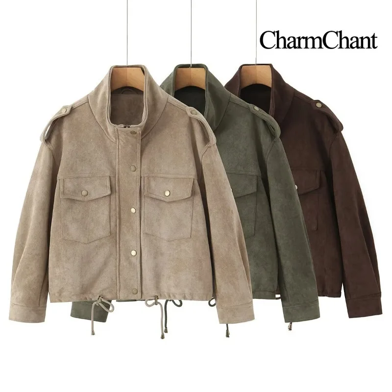 CHARMCHANT Womens Faux Suede Jacket Snap Button Stand Collar Epaulet Flap Pockets Drawstring Hem Utility Jacket Autumn 2026