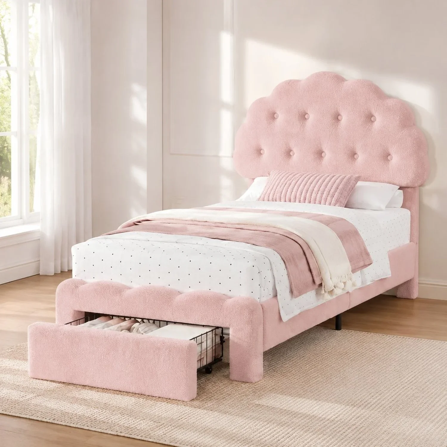 USA Stock Twin Bed Frame with Storage Drawer, Cloud Cookie Upholstered Bed with Adjustable Headboard and High Footboard, Teddy F