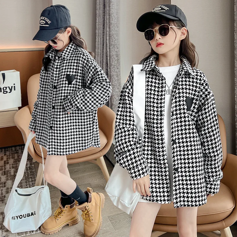 2026 Girls Autumn Outerwear Classic Black White Plaid Long Sleeve Jacket Casual Versatile Teen Kids Coat Children Tops Clothes