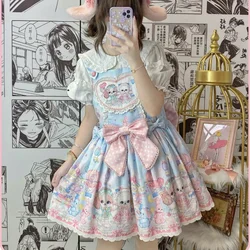 Japanese Style Sweet Lolita Princess Dress Women Cute Cartoon Dog Print Bow Strap Dress Kawaii Girl Fashion Tea Party Mini Dress