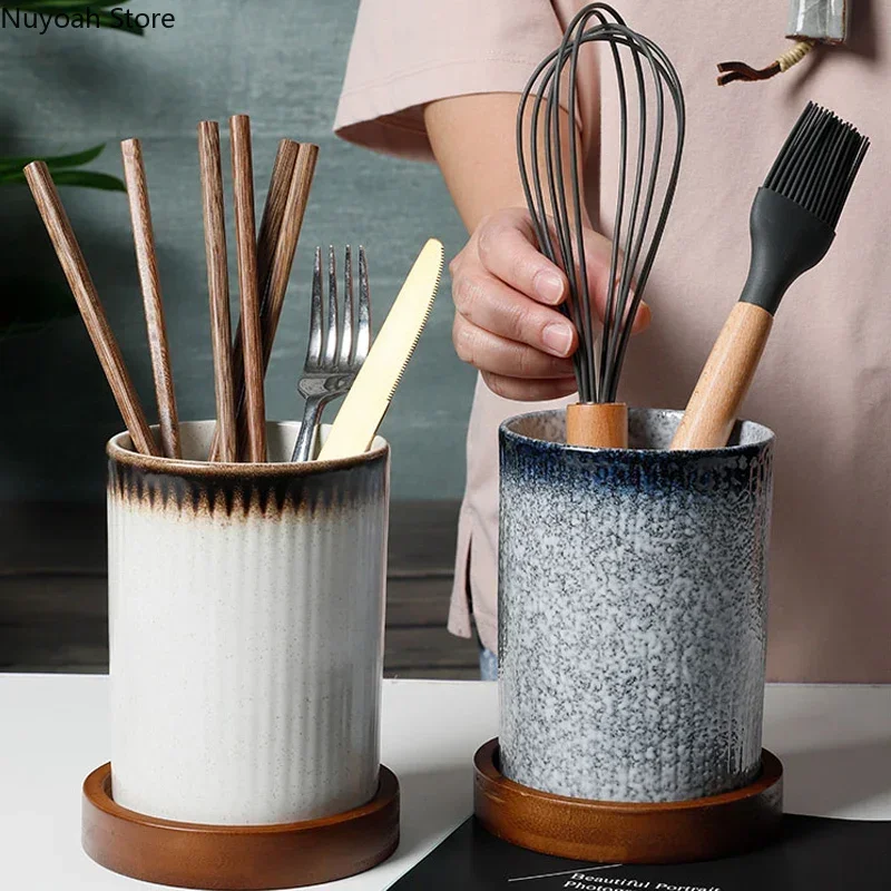 Drain Chopstick Holder Ceramic Household Kitchen Multifunctional Storage Tank Chopsticks Spoon Knife and Fork Storage Bucket