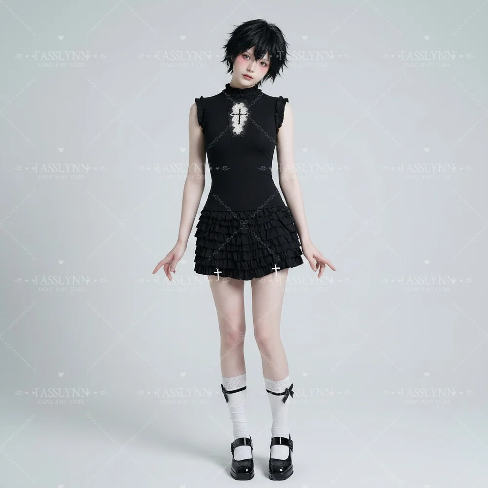 Sweet Gothic Lolita Two Piece Set, Cross Embroidery Hollow Top & Tiered Skort for Photoshoot & Party view 6