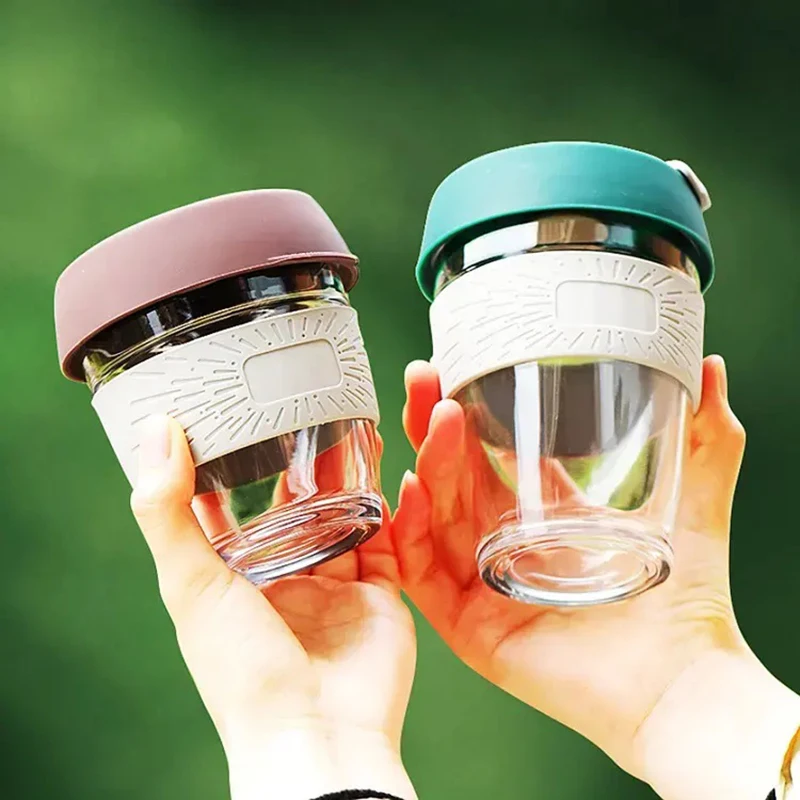 350ml Glass Mugs With Lids Ins Silicone Anti-scald Handheld Coffee Cups Milk Cups Non-slip Glass To-go Cups Portable Gifts