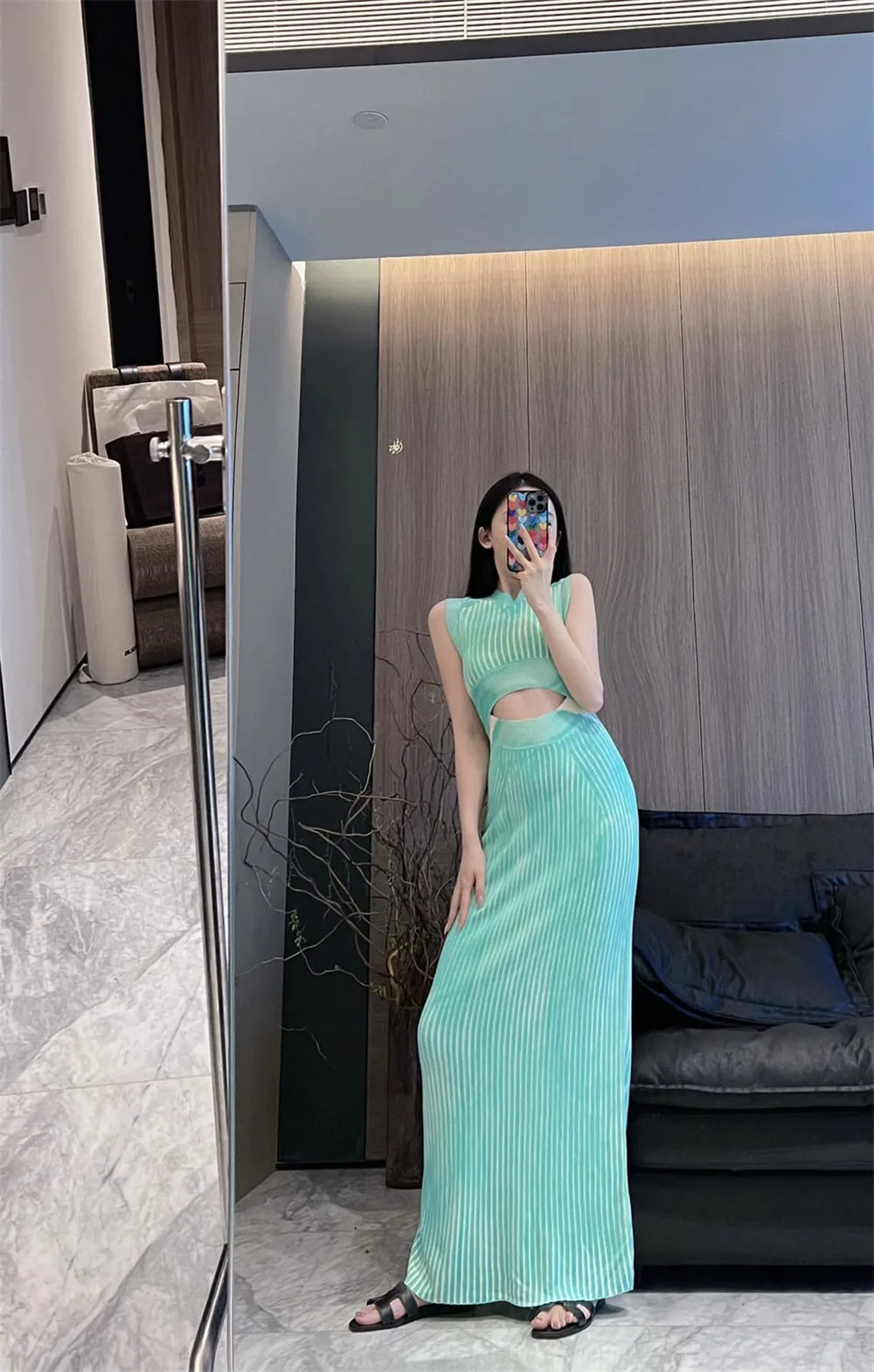 Summer new sleeveless hollowed out slim fit green patchwork long style women's dress that showcases body shape and temperament