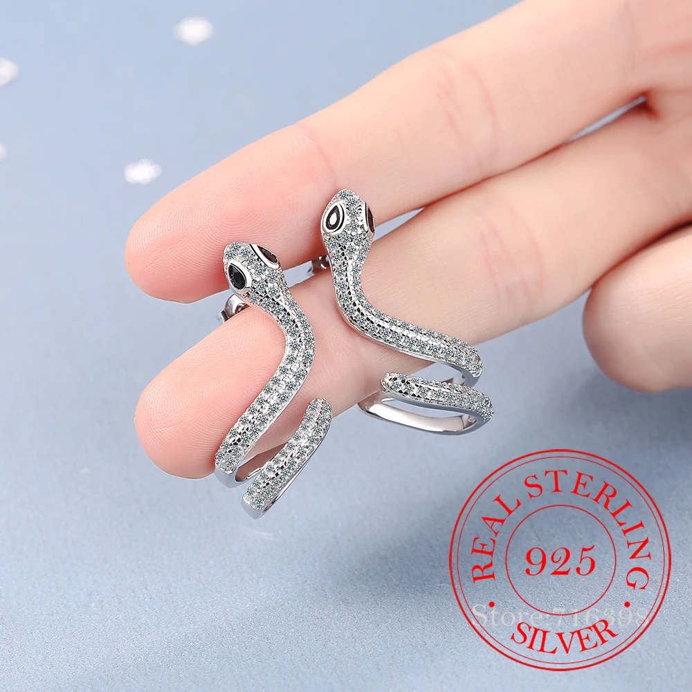 Personality Wave 925 Sterling Silver Snake Earrings For Women Luxury Jewelry 2022 Rock Punk Crystal Cubic Zircon Studs Piercing