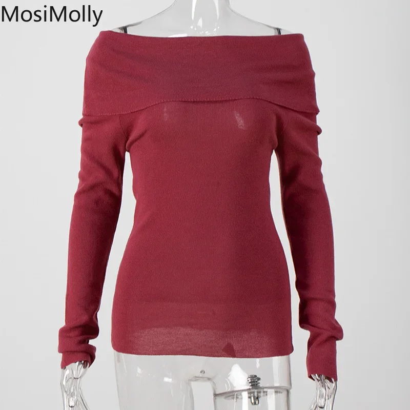 MosiMolly Wool Sweater Slash Neck Slim Knitting Jumper Pullovers OL Lady Sweater Soft Comfy Wool Basic 2023