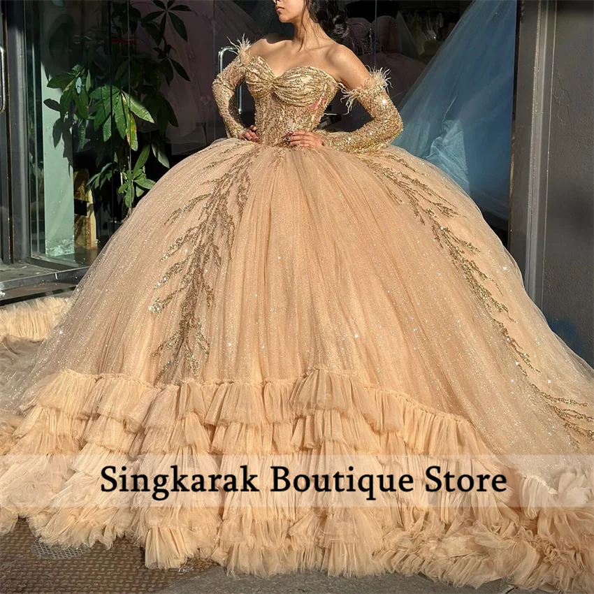 Sweet Champagne Quinceanera Dress Sequins Princess Ruffles Tiered Ball Gown Sweet 16 Birthday Party Dress Vestidos  Customized