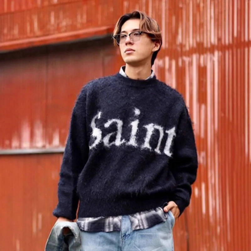 

Classic Letter Logo Jacquard Saint Sweater Men Women Couple Casual Black Knitted Sweatshirts High Quality Crewneck Pullovers