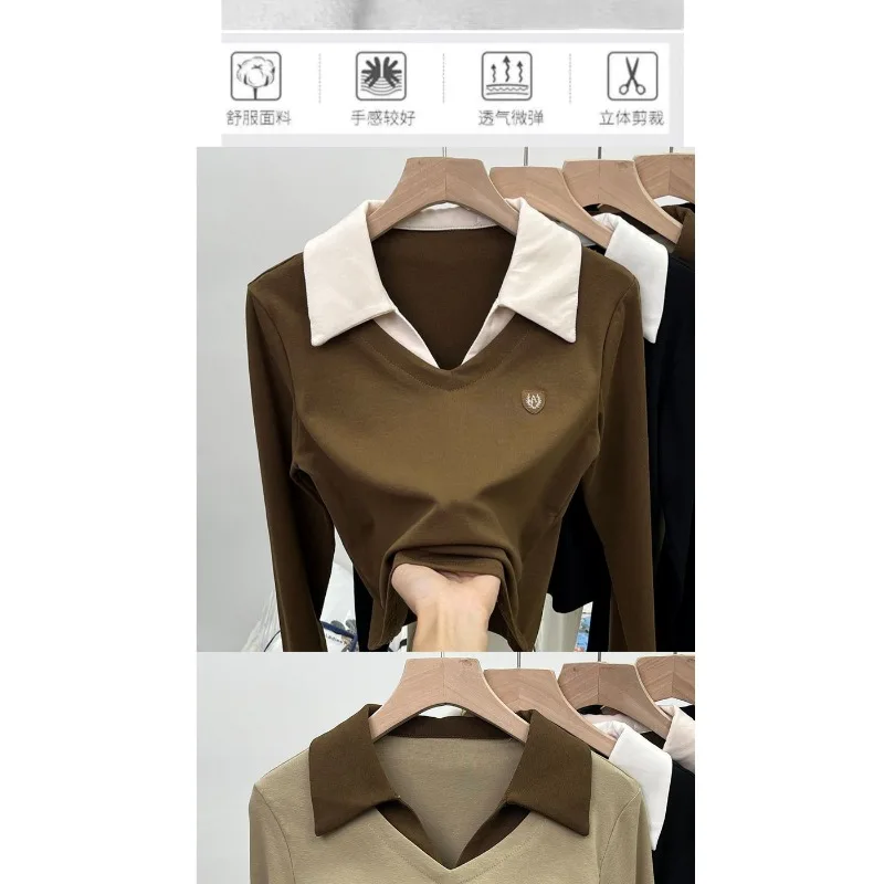 الغربية وهمية قطعتين بولو القمم الراقية قاع قمصان النساء طويلة الأكمام تي شيرت رقيقة الخريف الشتاء البلوفرات تنوعا