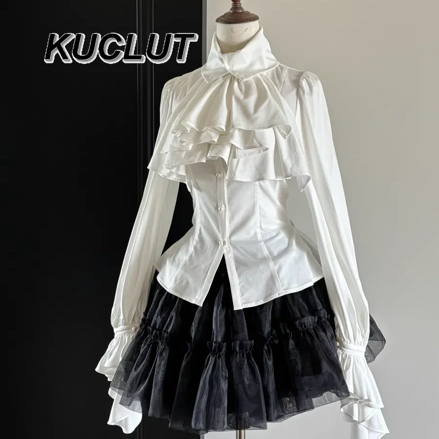 Women's Tops Spring Autumn Solid Color Fashion Vintage Elegant Blouse Female Lolita Gothic Style Ruffle Edge Long Sleeve Shirt