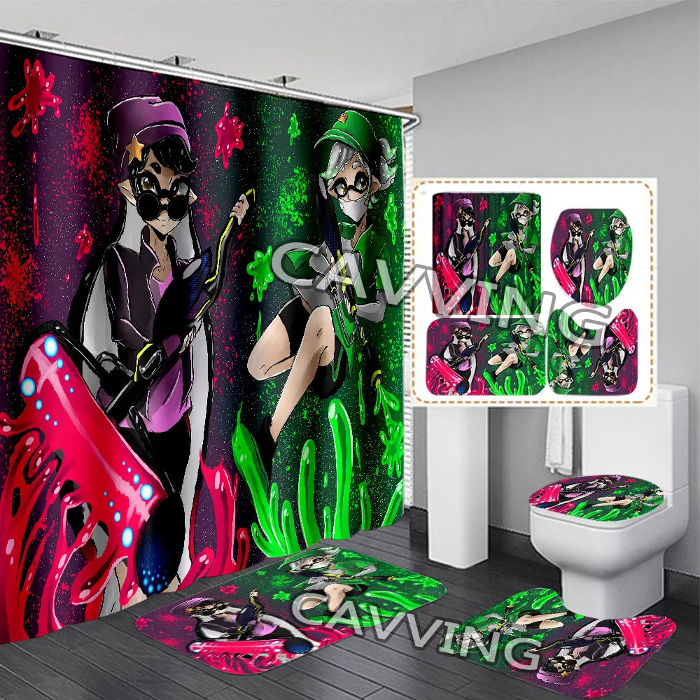 Splatoon 3D Shower Curtain Waterproof Bathroom Curtain Anti-slip Bath Mat Set Toilet Rug Carpet  Home Decor   H02