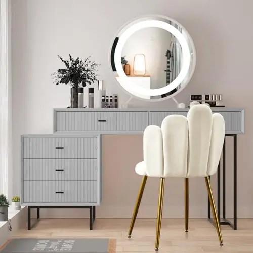 

Cream Velvet Shell-Back Makeup Chair With Metallic Legs For Vanity Area Living Or Bedroom Use