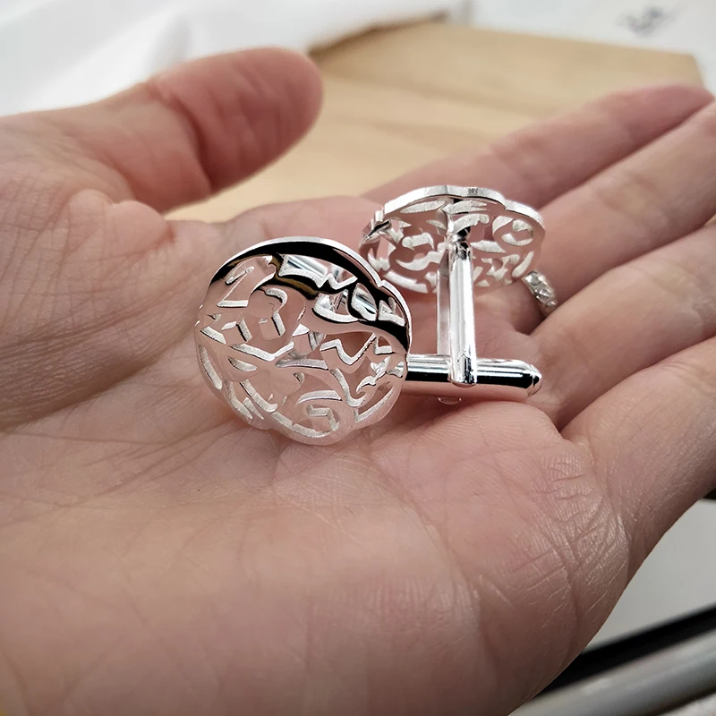 Custom real 925 Silver Arabic Cuff Links Personalized Letter Name Logo Sleeve Button Bridegroom Groomsmen Wedding Jewelry