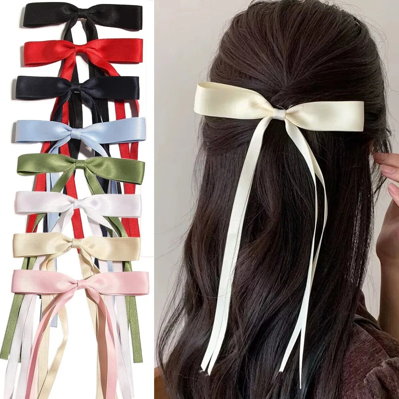 New Elegant Satin Long Tassel Ribbon Clips Girls Vintage Simple Bow Hairpins Barrettes Korean Fashion Hair Accessories Gift