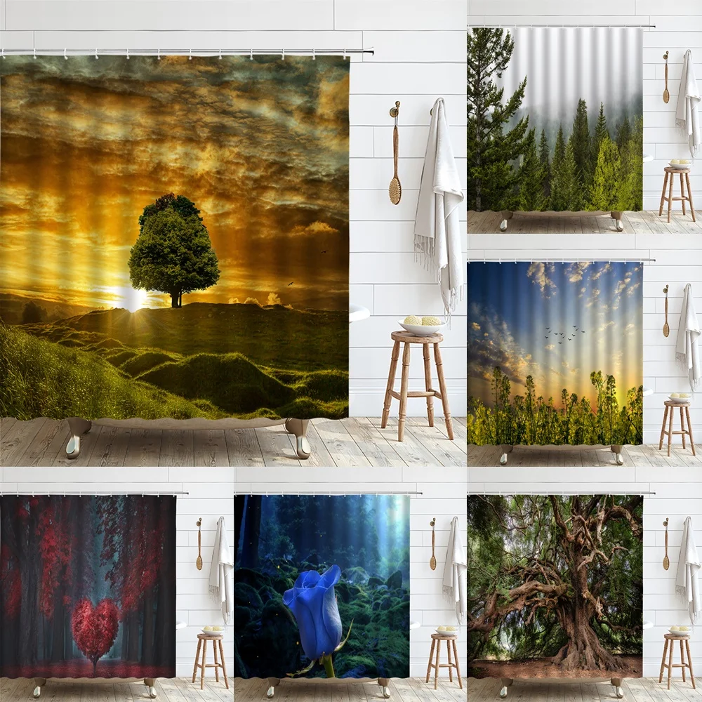 

Forest Landscape Shower Curtain 3D Tree Natural Scenery Dusk Sunset Bath Decor Fabric Hanging Curtains Bathroom Accessories Set