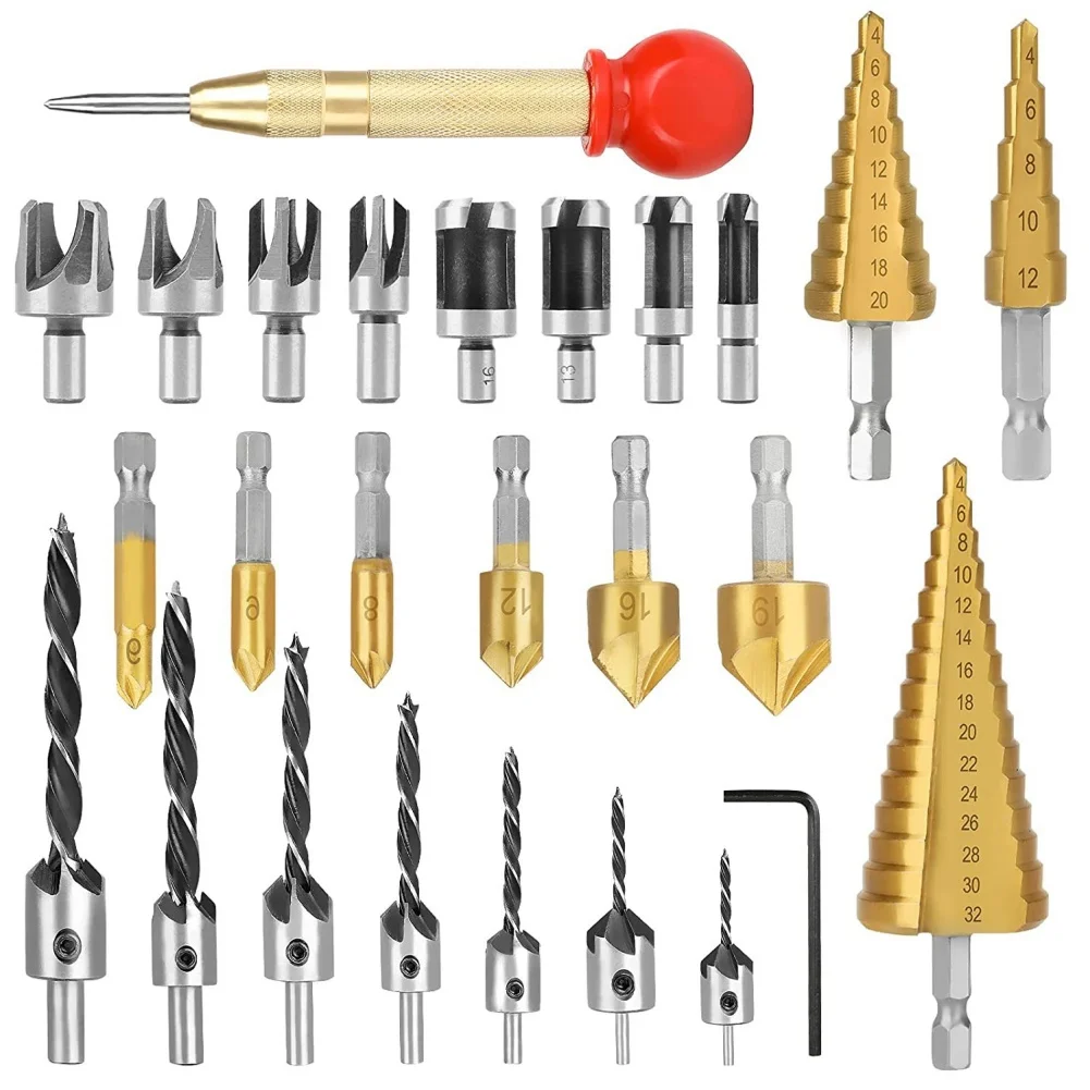 26Pcs Woodworking Step Drill Bit Three-point Countersunk Wood Plug Chamfering Drill Center Punch Positioner Set Hole Opener Tool