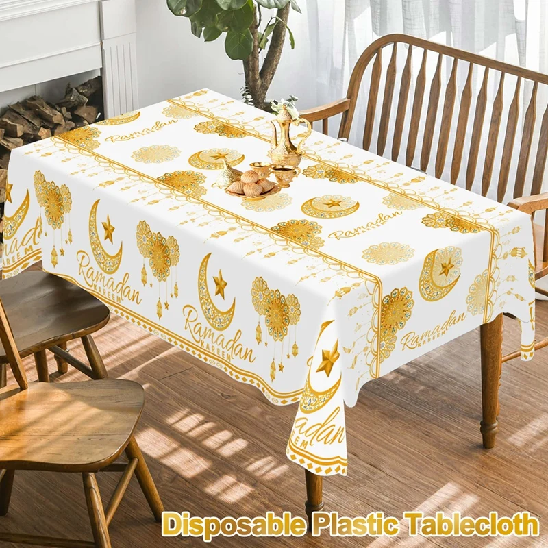 Eid Mubarak Plastic Disposable Tablecloth Ramadan Decoration 2026 for Home Islamic Muslim Party Decor Ramadan Tableware Supplies