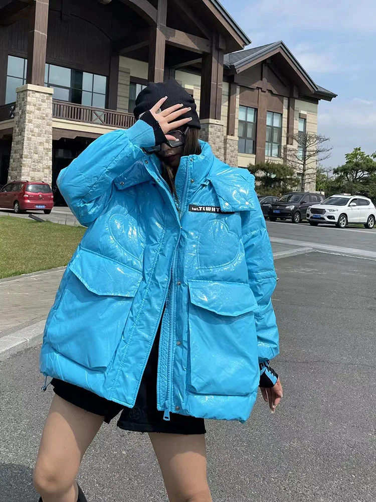 Korean Fashion Winter Short Jacket Women Waterproof Shiny Candy-Colored White Duck Down Coat Female Loose Hooded Parker Overcoat