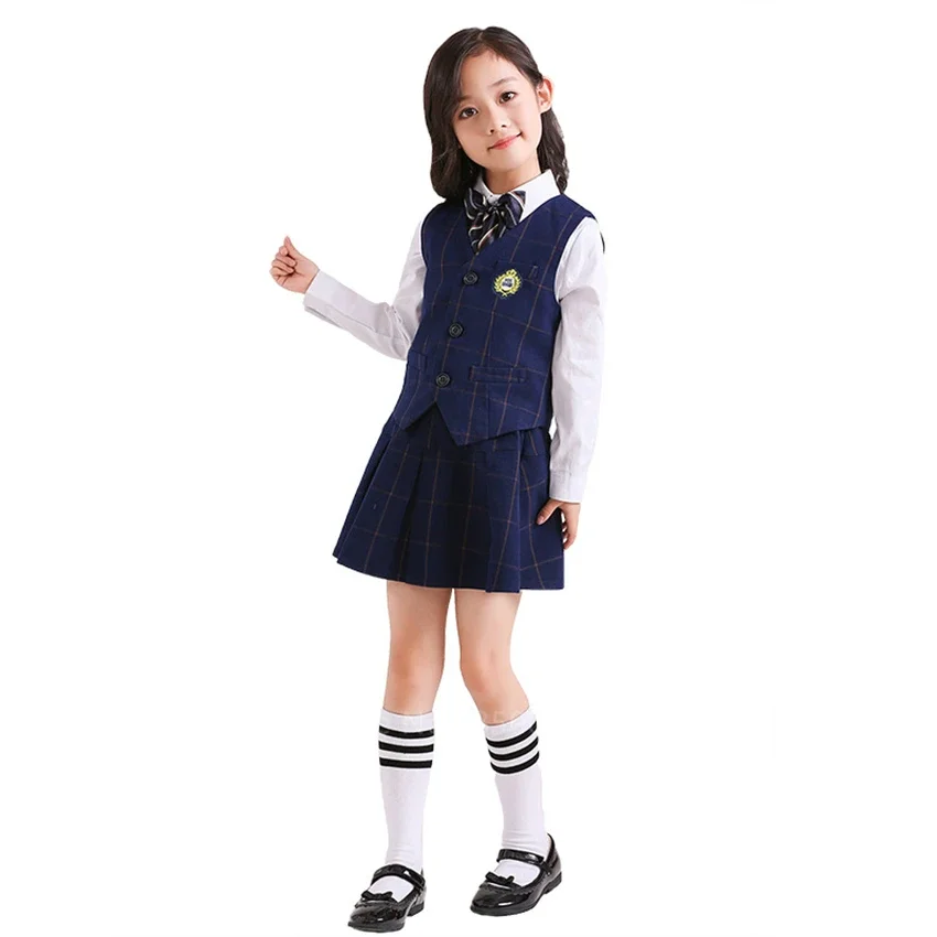 Children Korean Japanese Kindergarten Primary School Uniform Boy Girl Academic Navy Kawaii Waistcoat Vest Tie Clothing Set Suit