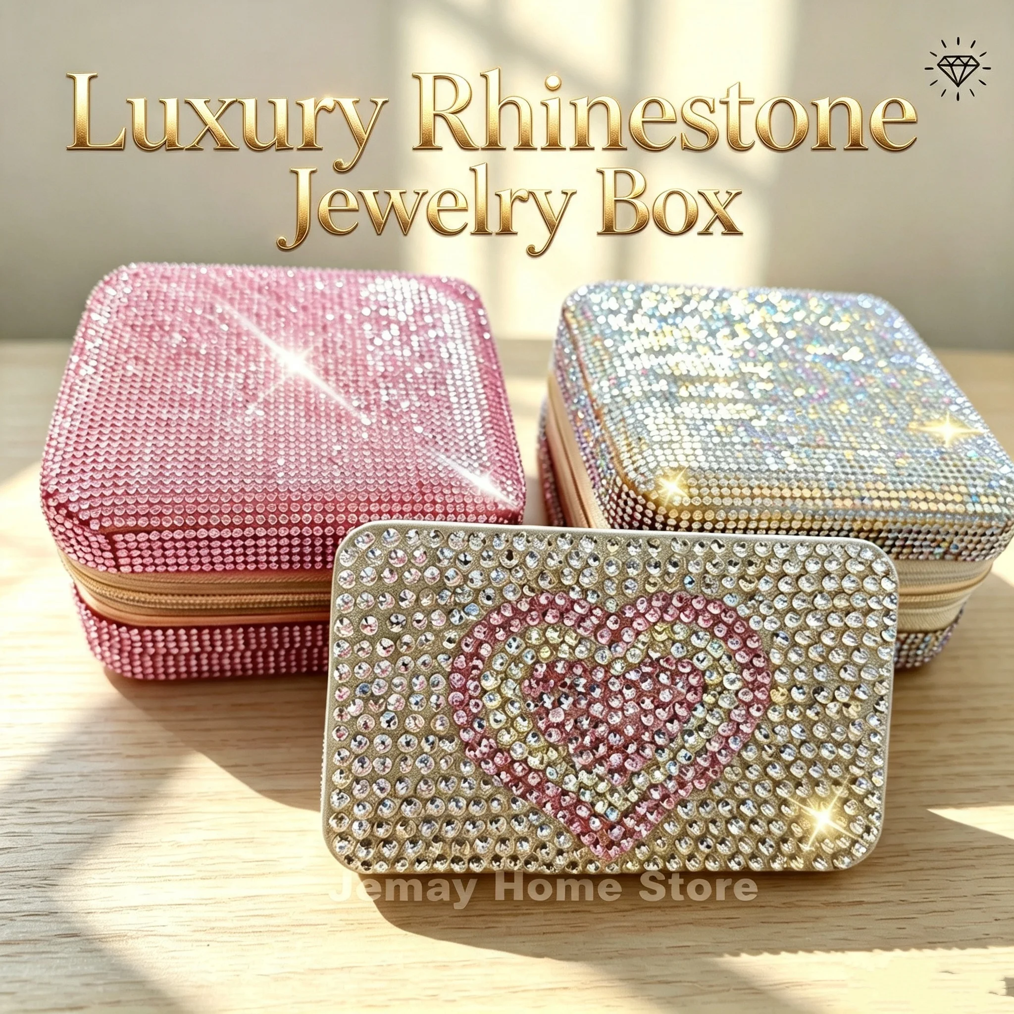 Glam Rhinestone Mini Jewelry Box Travel Case Earrings Rings Necklaces Crystal Diamond Decor Storage Organizer Women