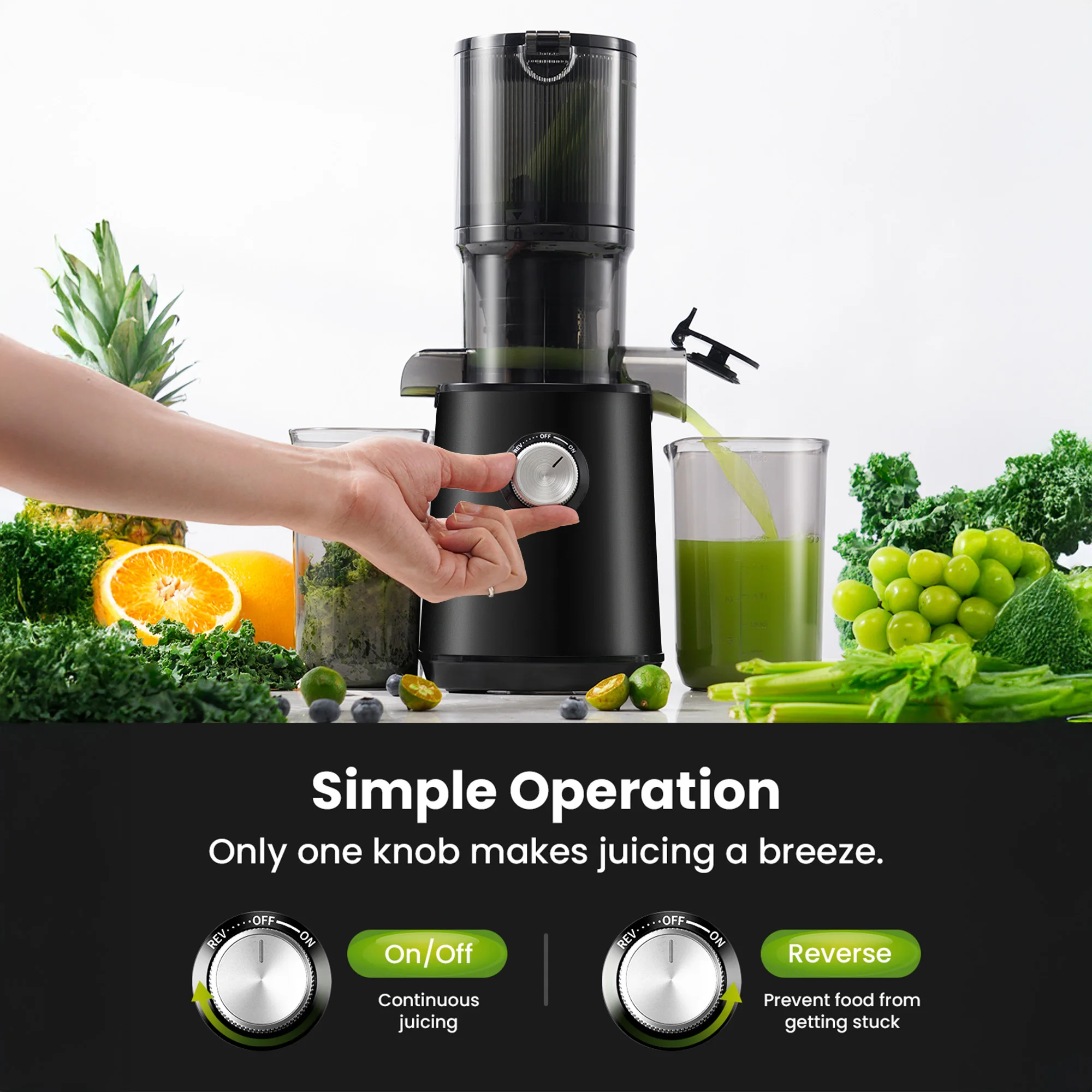 200W High Slow Juice Yield Slow Masticating Juicer 108cm Wide Feed Chute Slow Juicer Machines Stainless Steel Cold Press Juicer