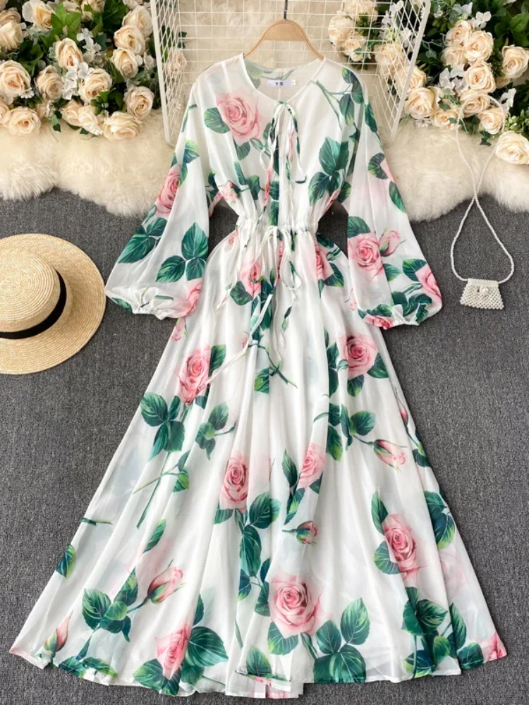 2024 New Women Long Dress New Spring Summer Elegant French Flower Printed Boho Dresses Ladies Vintage Beach Long Robe Vestidos