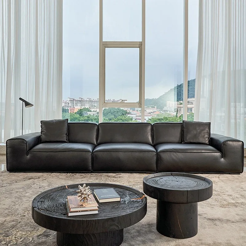 Big black cow leather sofa Italian minimalist first layer cowhide