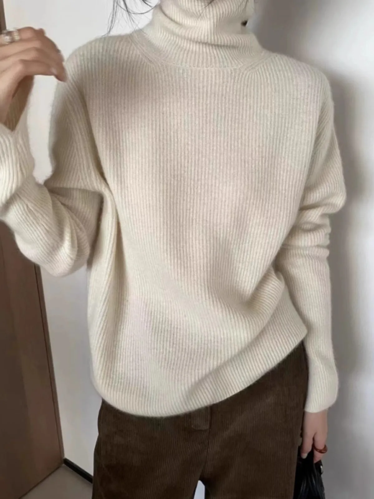 Foreign style autumn and winter turtleneck 100% pure cashmere sweater women lazy loose thick jumper knitted wool base shirt