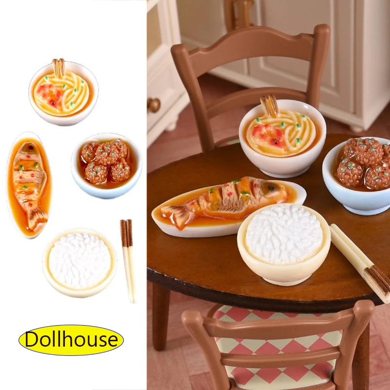 4Pcs/set 1/12 Dollhouse Miniature Chinese Dishes Food Models Dollhouse Kitchen Decoration DIY Dolls House Dining Room Ornaments