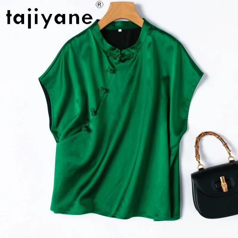 TAJIYANE 40MM Xiangyun Sha Women T Shirts 100% Mulberry Silk Cheongsam T Shirt Green Loose Summer Tops Woman Clothing 2026 ropa
