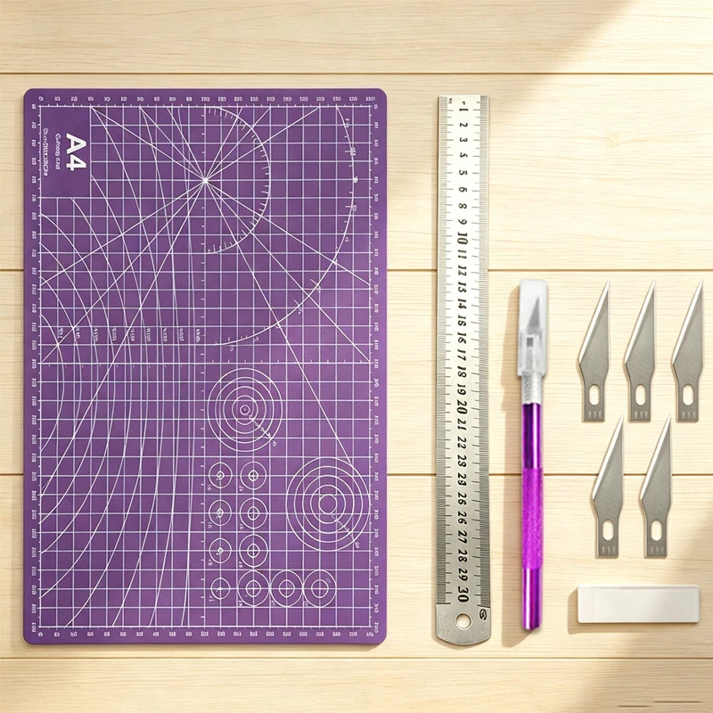 Double-sided multifunctional cutting mat set, purple A4 non-slip cutting mat, 30cm precision ruler, sharp utility knife and 5 blades. Suitable for DIY crafts, scrapbooking, and sewing supplies, and can be given as a gi