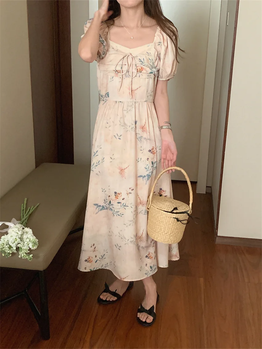 Alien Kitty Gentle OL Princess Dress Women Slim Floral Fashion Summer vita alta colletto quadrato dolce elegante manica a sbuffo OL