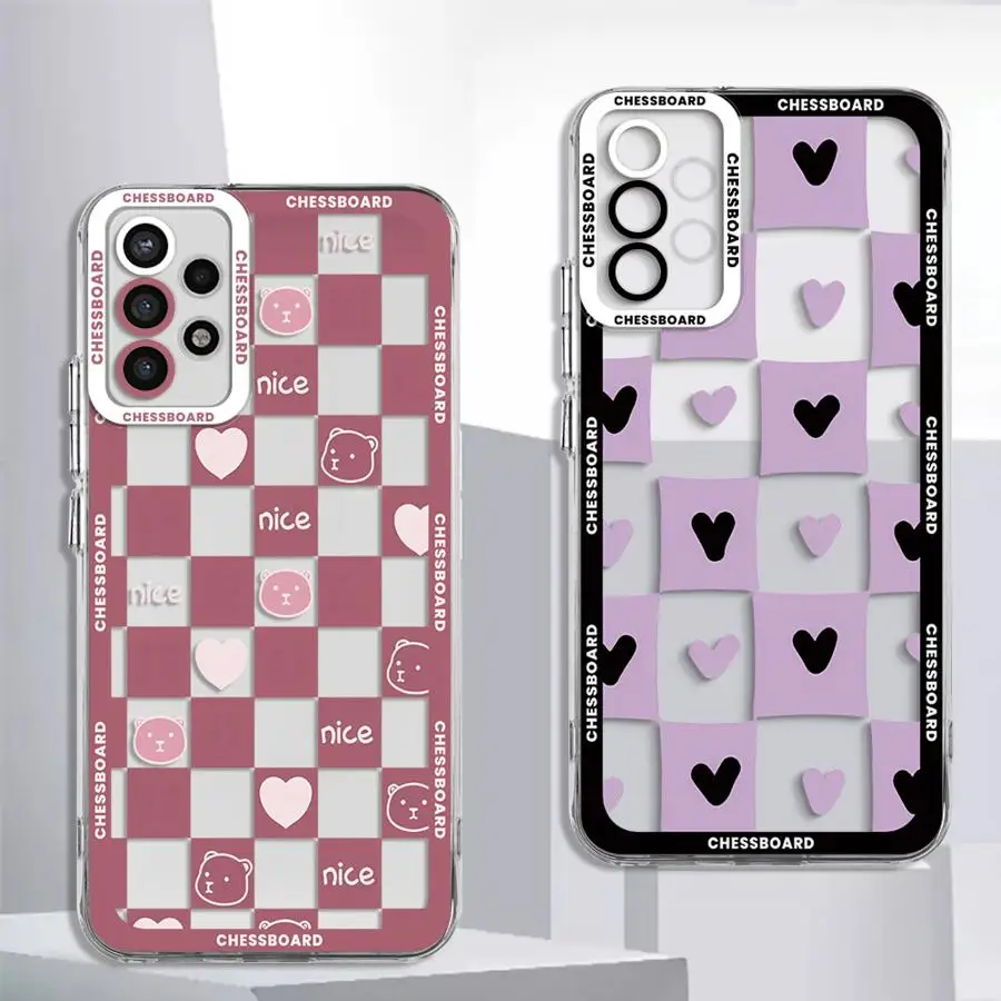 Pink Bear Love Purple Grid Cover Case for Samsung Galaxy A35 A55A53 A54 A73 A34 A33 A25 A24 A13 A14 A15 Clear Soft Shell