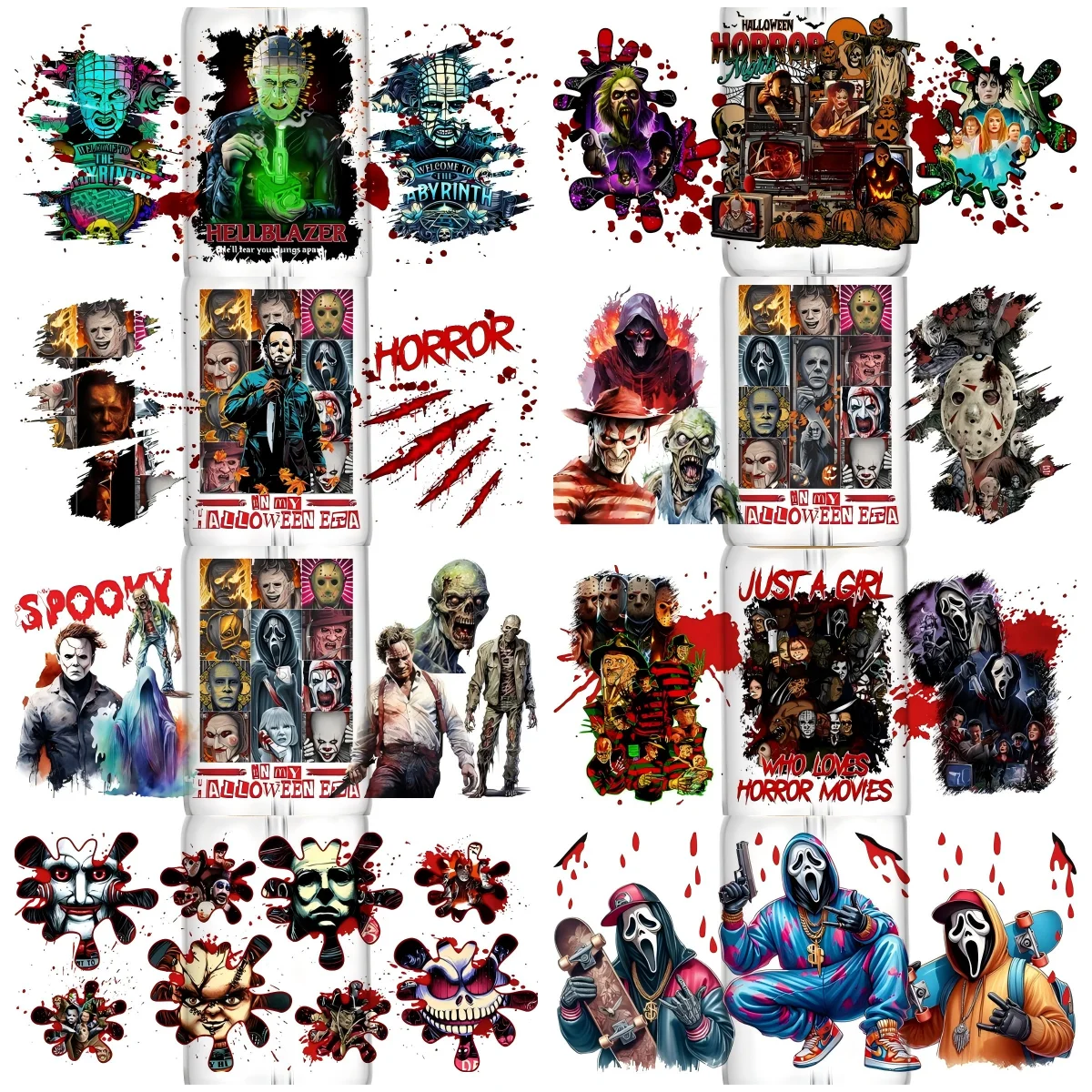

Horror Movie Design 3D UV DTF Transfer Sticker For 16oz Libbey Cup Wraps DIY Spooky Killers Halloween Cup Wrap 3D Sticker