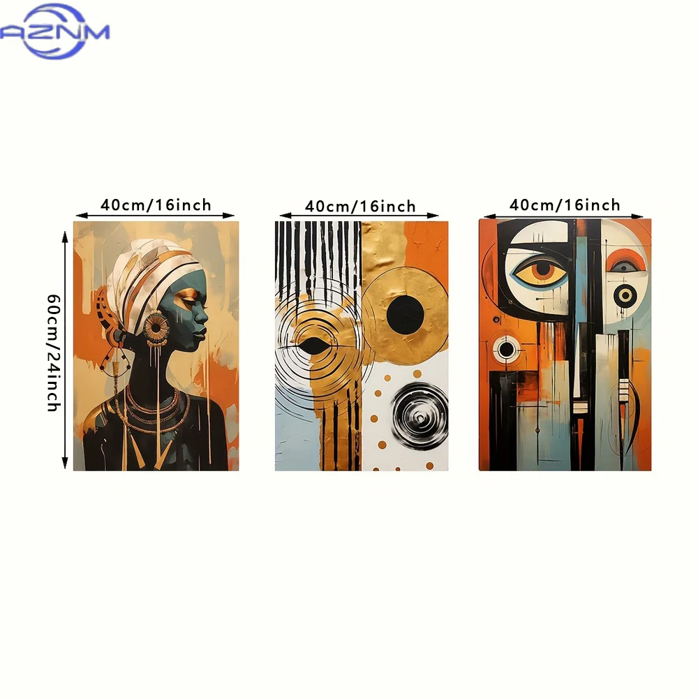 3pcs Frameless Canvas Art Set - Abstract Modern African Bohemian Style, Vibrant Geometric & Cultural Motifs, Perfect for Living