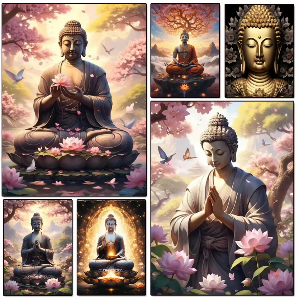 Peinture Diamant DIY Statue Bouddha Lotus Rose Fleur de Cerisier Mosaïque Artisanat Créatif Exquis Cadeau Décoration Maison