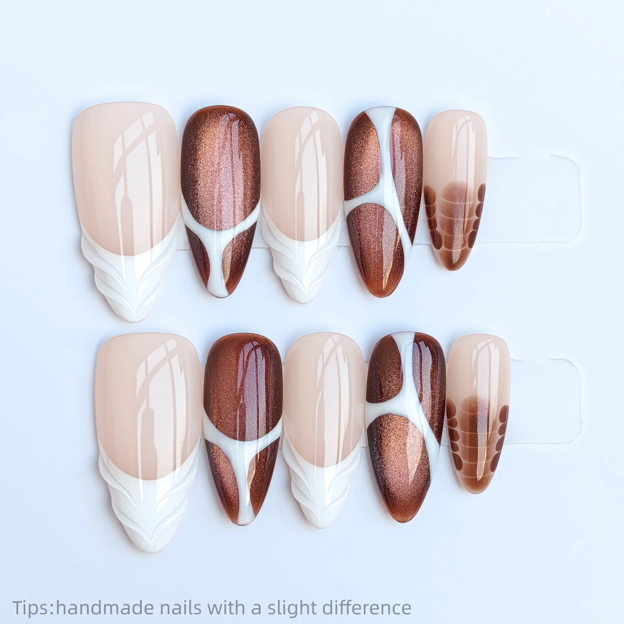 

10pcs Handmade Nude Brown White Pattern Press on Nails Almond Long Wearable Reusable Elegant False Nails 2026