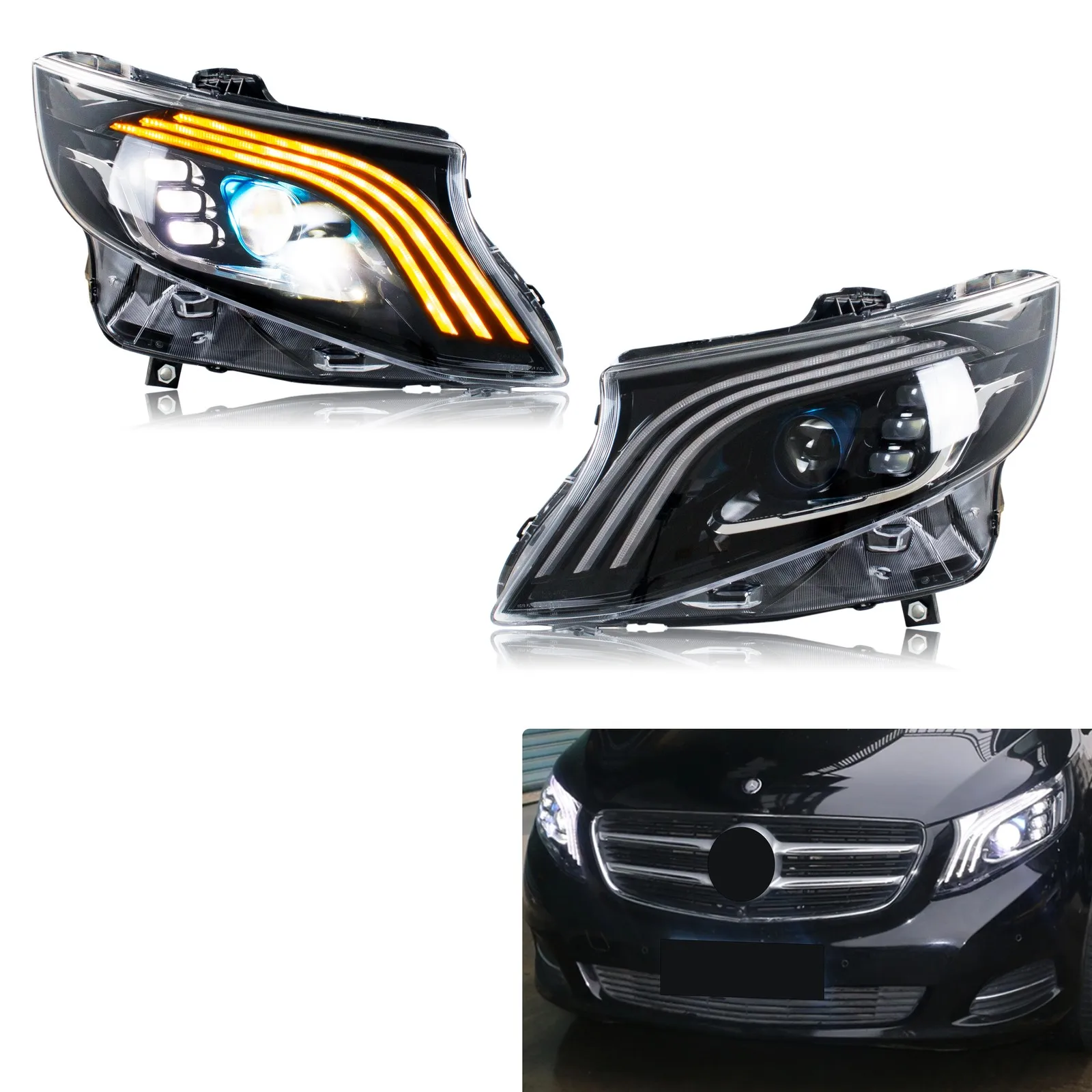 LED-Scheinwerfer für Mercedes Benz Vito Metris 2016–2023, sequentielle Blinker-Projektor-Frontlampen, Paar Montage