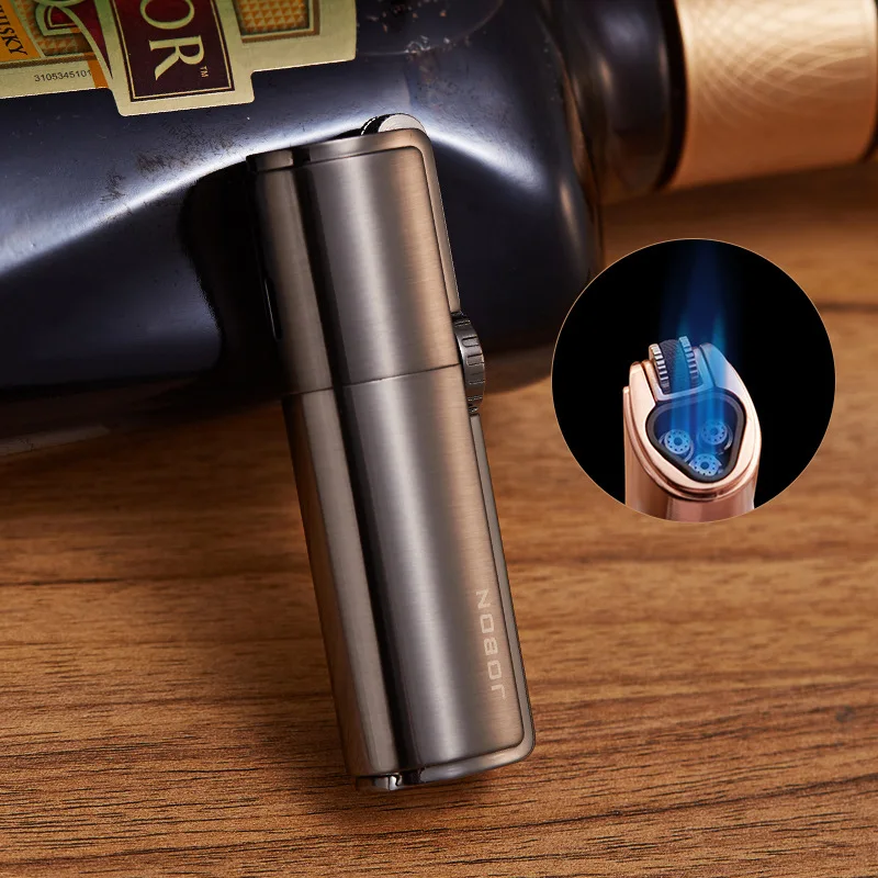 Jobon-Cigar Three Flame Safety Lock Fire Turbo Lighter Torch, Grinding Wheel, Flint Lighter, No Butane Gas, Big Fire, Cool