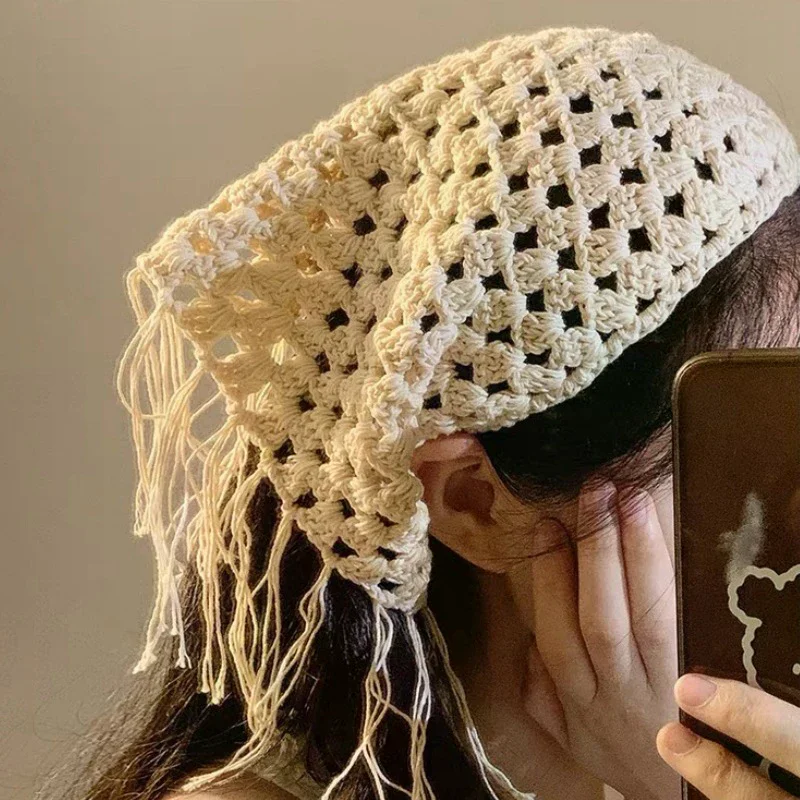 Fashion Hollowing Out Triangle Headscarf Ethnic Style Turban Hair Scraf Multifunctional Bohemian Tassel Hip Apron Waist Band