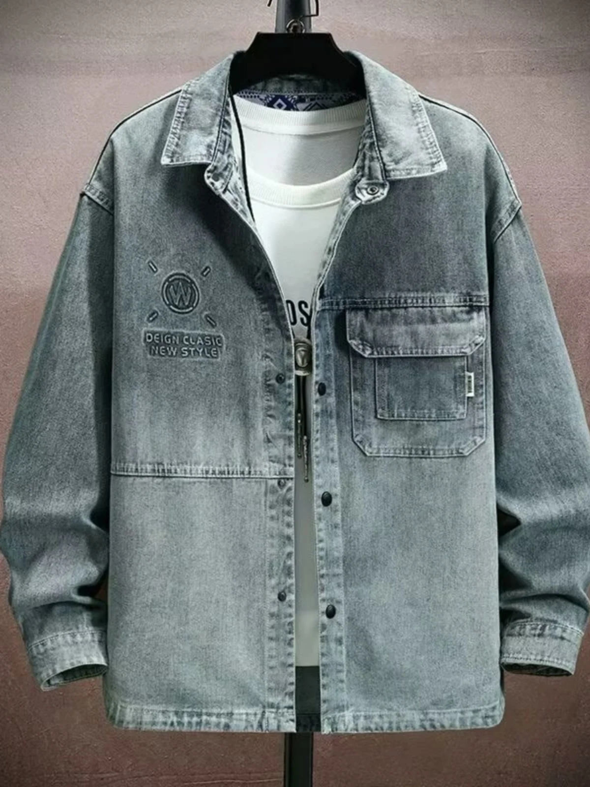 

Retro Faded Denim Long Sve Men's irt Spring Autumn Japanese Sle Workwear Jaet Trendy Brand Youthful Jaet Coat