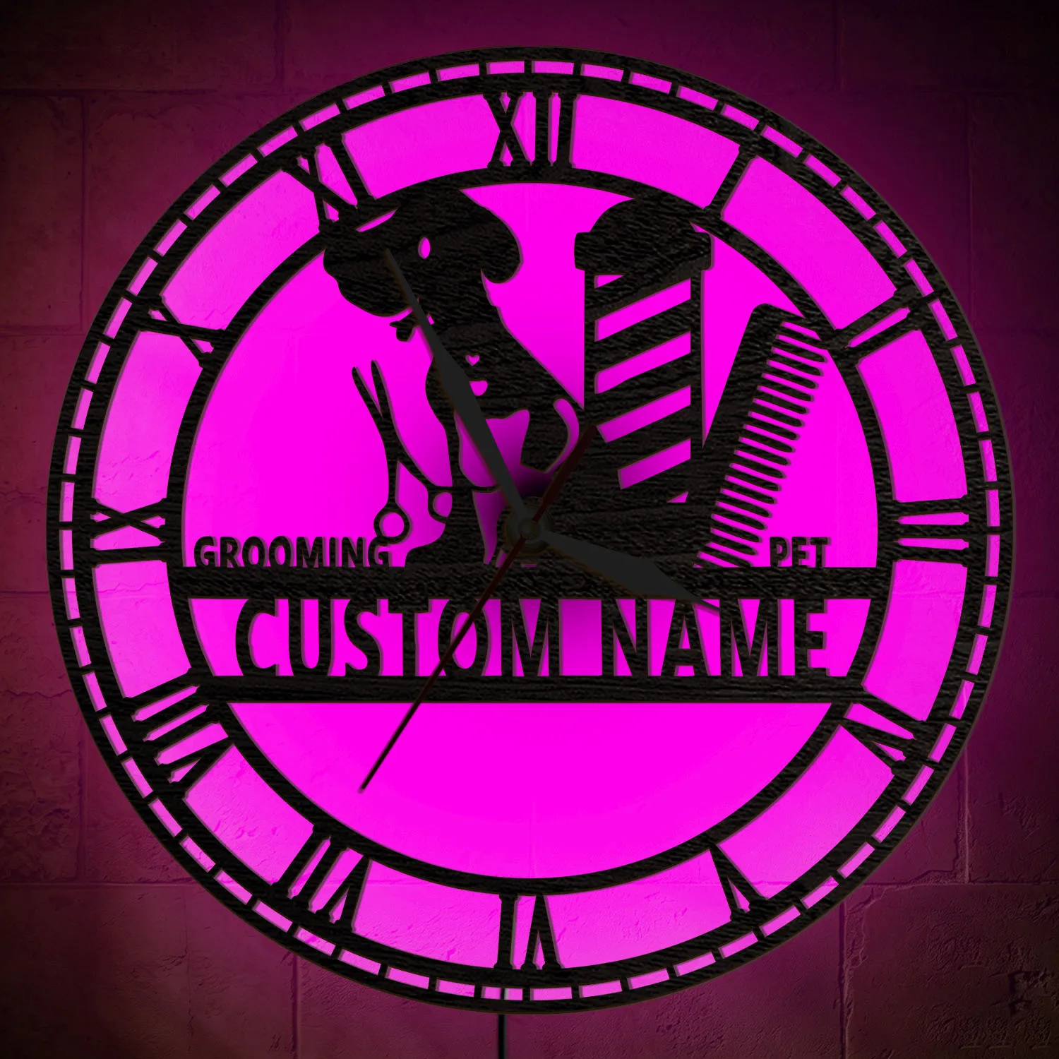 Personalized Pet Groomer Name Wooden Wall Clock Pet Shop Grooming Salon Room RGB LED Backlight Wall Clock Gift For Pet Groomer