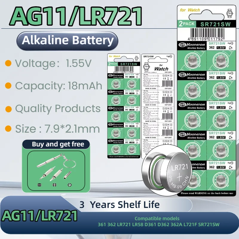 

LR721 AG11 SR721SW 362 361 High Capacity 1.55V Button Coin Cell Watch Battery 0%Hg Mercury Free for Watch Toys Remote with gift