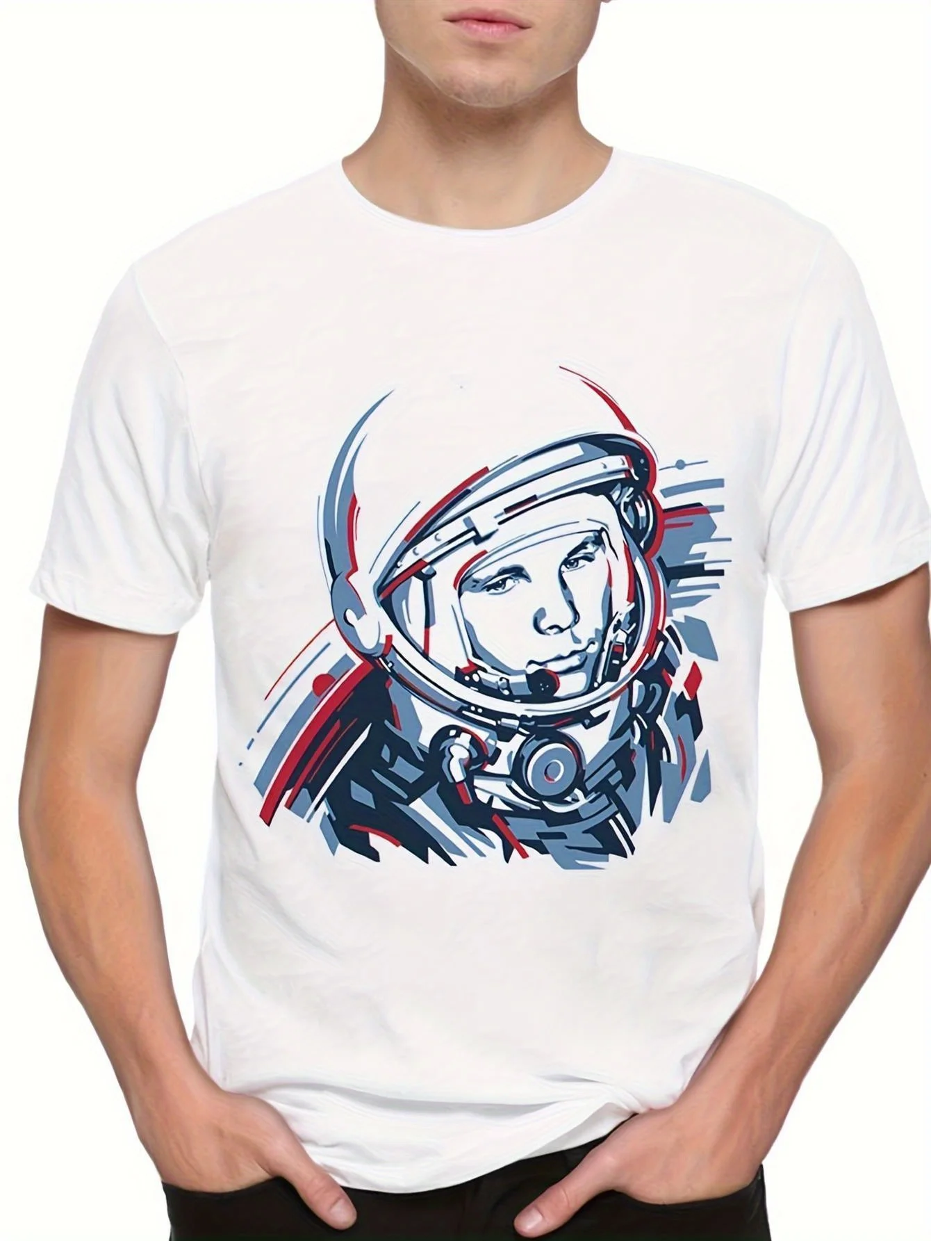 T-shirt blanc avec biographie de Yuri Gagarin, t-shirt d'exploration spatiale avec imprimé d'astronaute bleu et rouge, chemise décontractée à manches courtes et col rond