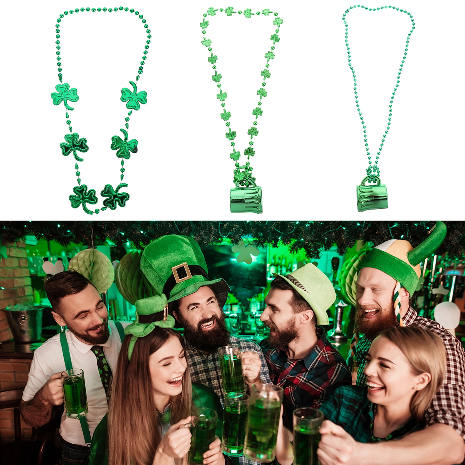 

3 Pcs Clover Necklace Green Shamrock Bead Ireland Festival Patrick's Day Accessories Party Favor Chain Beer Mug Round Beads