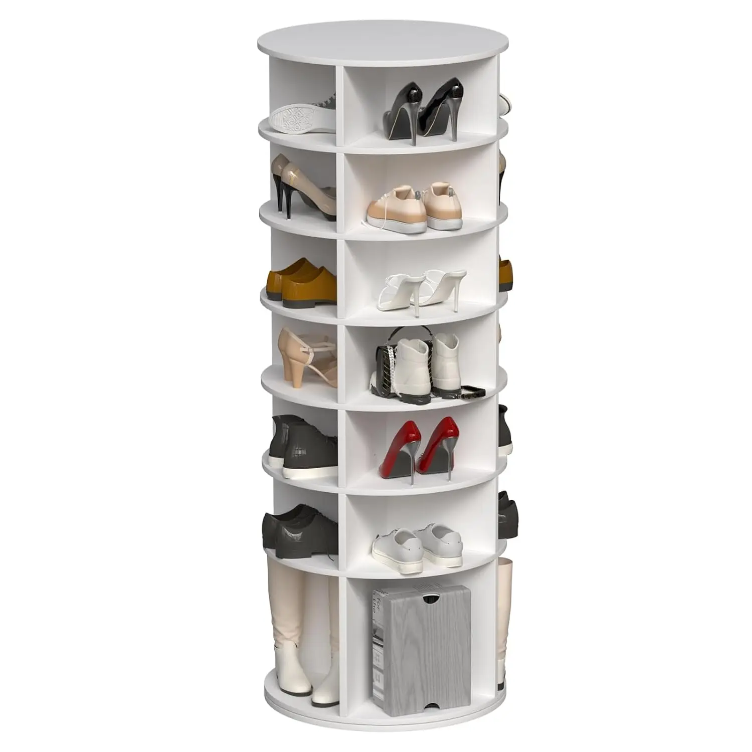 7-Tier Rotating Shoe Rack Tower, 360° Revolving Free Standing Organizer, High Bottom 28 Pairs Storage, White, Customized