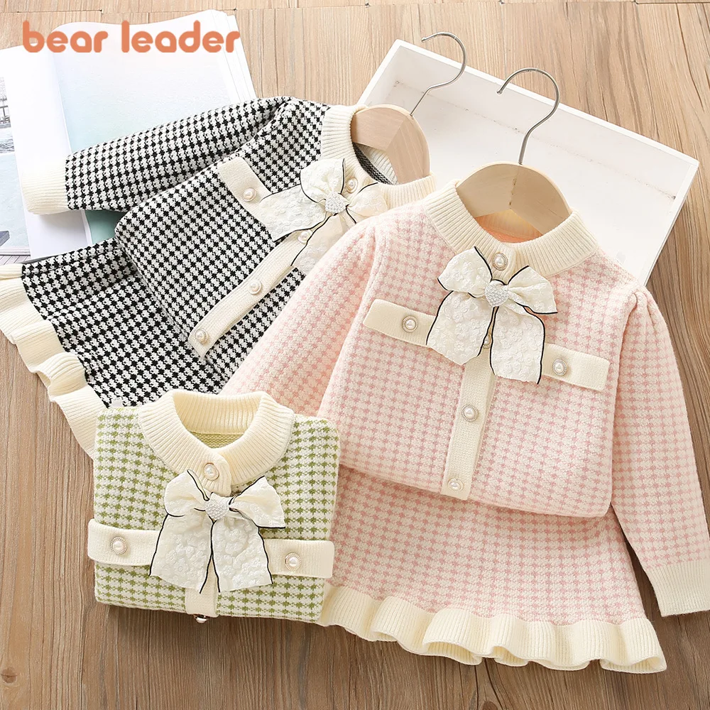

Детская одежда Bear Leader для детей 2–6 лет, новый зимний кардиган в сетку с большим бантом, свитер + короткая юбка, одежда для девочек на день рождения